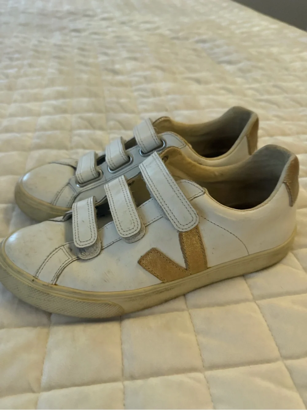 Veja White Sneakers with Gold V Detail - Velcro Straps